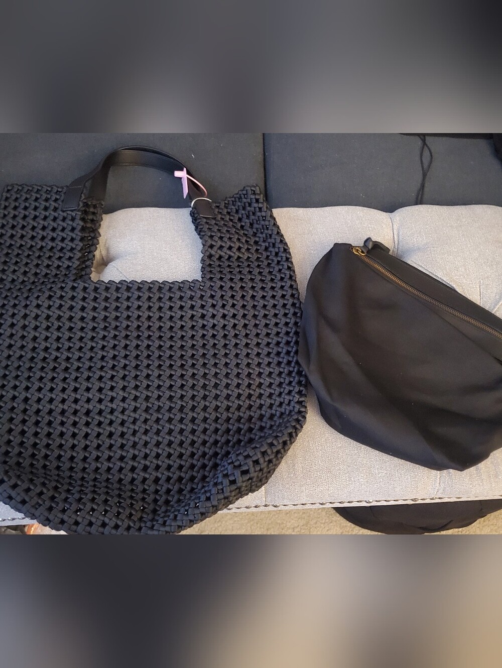 Black Vegan Leather Woven Tote Bag With Fabric/Vegan Leather Trim Pouch Insert